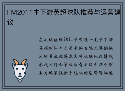 FM2011中下游英超球队推荐与运营建议