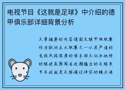 电视节目《这就是足球》中介绍的德甲俱乐部详细背景分析